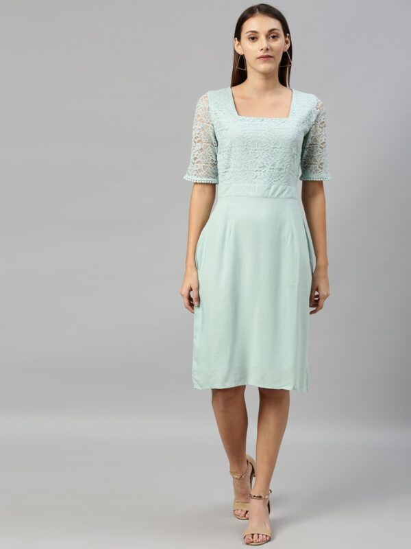 HERE&NOW Women Solid A-Line Dress With Lace Inserts