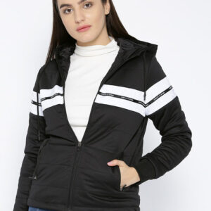 ether Women Black & White Colourblocked Hooded Padded Jacket