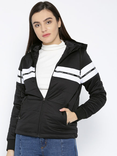 ether Women Black & White Colourblocked Hooded Padded Jacket