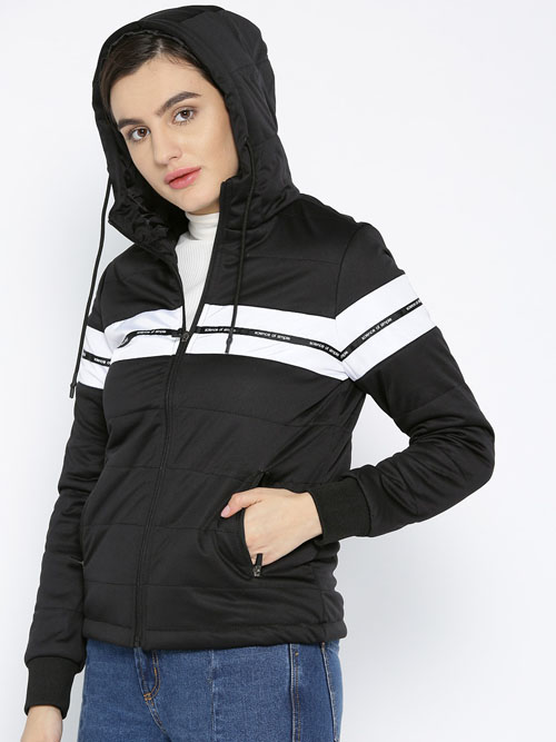 ether Women Black & White Colourblocked Hooded Padded Jacket