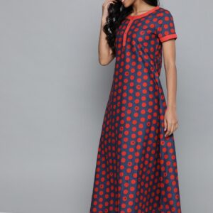 HERE&NOW Blue & Red Polka Dot Print Maxi Nightdress