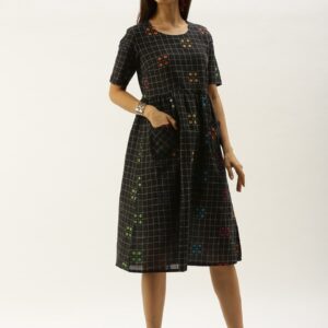 Taavi Women Woven Legacy Checked Gathered A-Line Dress with Pockets