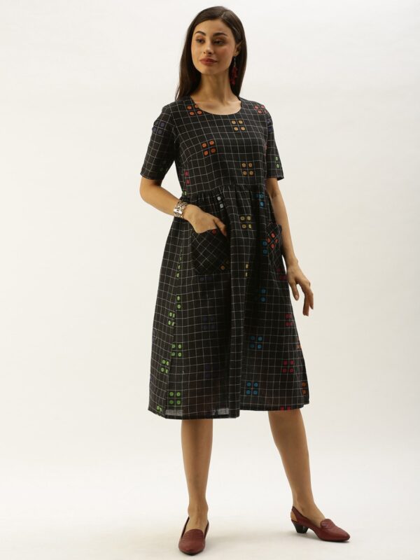 Taavi Women Woven Legacy Checked Gathered A-Line Dress with Pockets