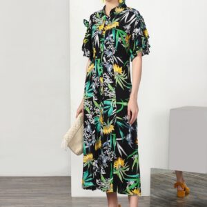 Miss Bennett Women Tropical Printed Midi Shirt Dress