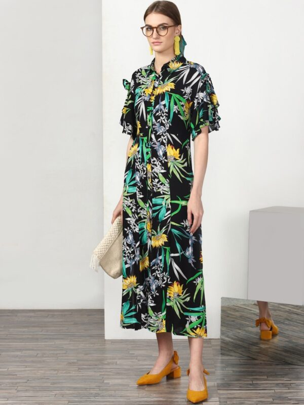 Miss Bennett Women Tropical Printed Midi Shirt Dress