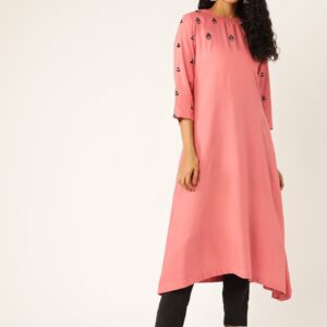 Sangria Women Mirror Work Embroidered Yoke Asymmetric A-Line Kurta