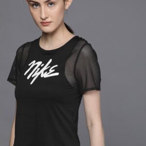 Nike Women Printed Round Neck AS SS RUNWAY Net Detailed Dri-Fit Running T-shirt