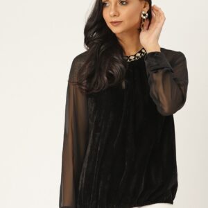 Sangria Women Solid Velvet Finish Blouson Top