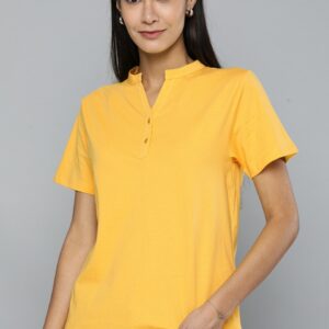 HERENOW Women Solid Mandarin Collar Pure Cotton T-shirt