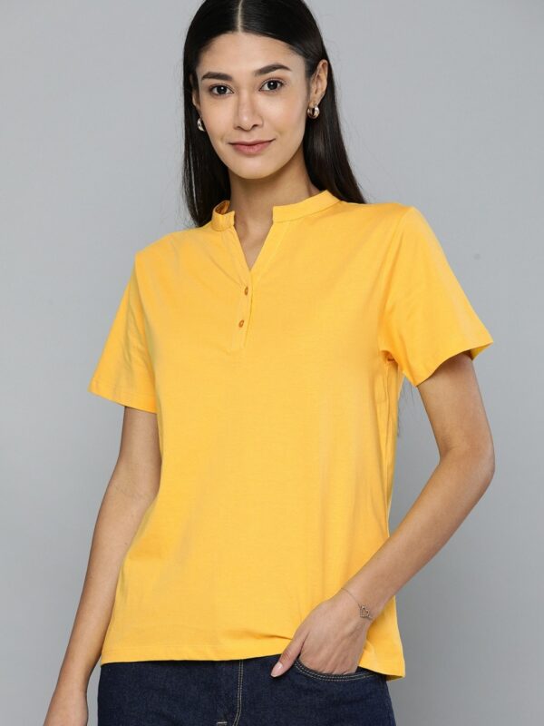 HERENOW Women Solid Mandarin Collar Pure Cotton T-shirt