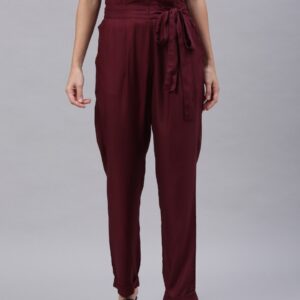 HERE&NOW Women Regular Fit Solid Regular Trousers With Waist Tie-Up