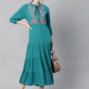 Juniper Emerald Rayon Crepe Embroidered Tiered Dress