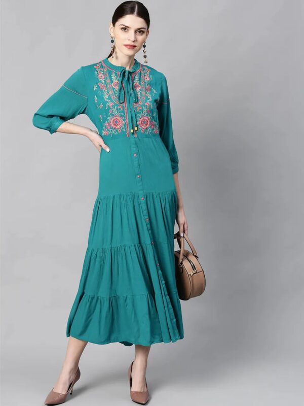 Juniper Emerald Rayon Crepe Embroidered Tiered Dress