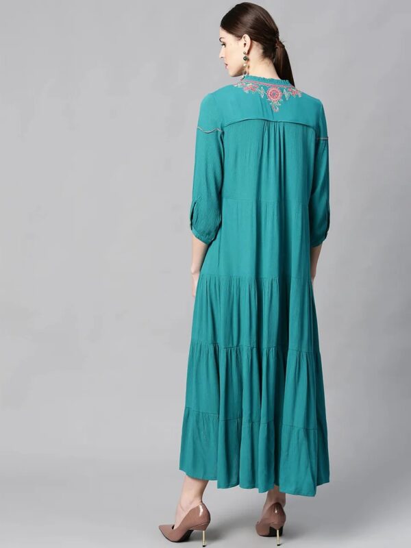 Juniper Emerald Rayon Crepe Embroidered Tiered Dress