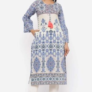 Juniper Womens Cambric Placement Print Straight Kurta With Tie-Up Dori & Tassels