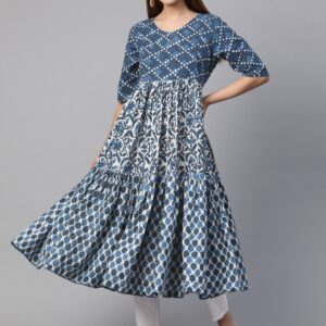 Sangria Women Dyed Tiered Bagru Print A-Line Sustainable Kurta