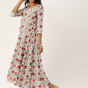 Taavi Women Sanganeri Block Print Panelled A-Line Sustainable Dress with Flared Hem