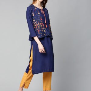 HERE&NOW Women Solid Straight Kurta with Ethnic Jacket