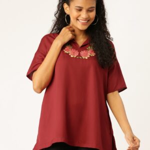 DressBerry Women Floral Embroidered Detail A-Line Top