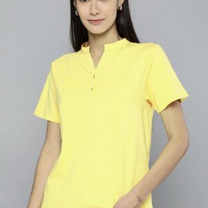 HERENOW Women Solid Mandarin Collar Pure Cotton T-shirt