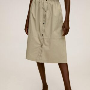 MANGO Khaki Gathered Pure Cotton A-Line Skirt with Button Detailing