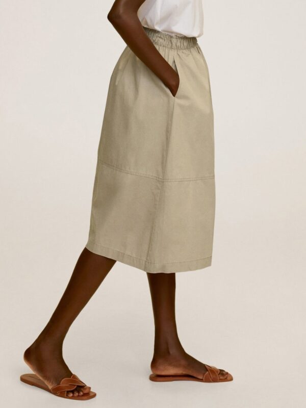 MANGO Khaki Gathered Pure Cotton A-Line Skirt with Button Detailing