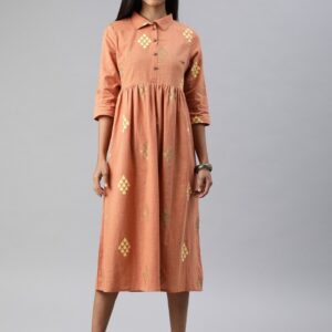 Anouk Women Gold-Toned Foil Printed Pleated A-Line Fusion Kurta