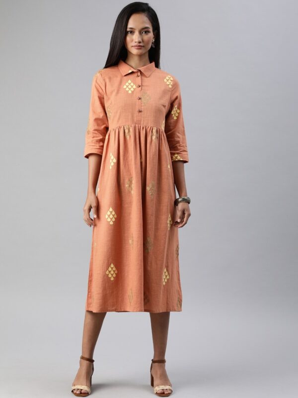 Anouk Women Gold-Toned Foil Printed Pleated A-Line Fusion Kurta