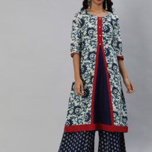 Anouk Women White & Blue Printed A-Line Kurta