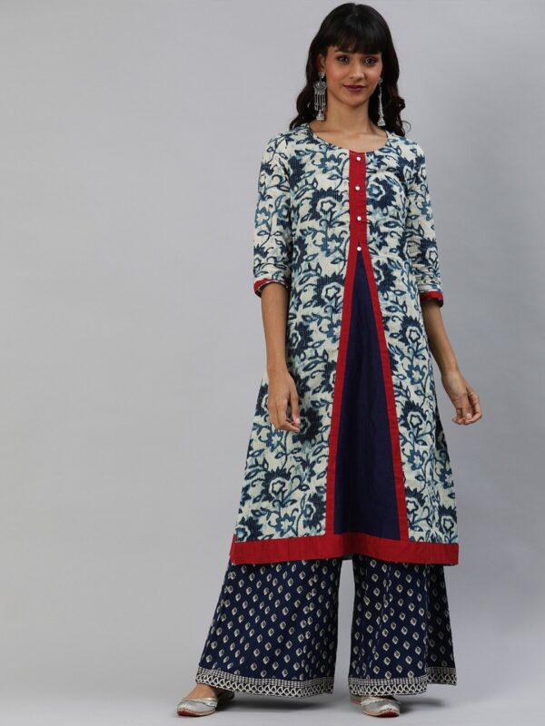 Anouk Women White & Blue Printed A-Line Kurta