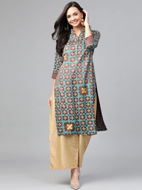 HERE&NOW Women Teal Blue & Brown Printed Straight Kurta