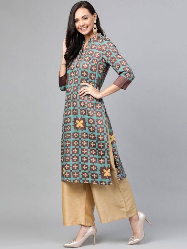 HERE&NOW Women Teal Blue & Brown Printed Straight Kurta