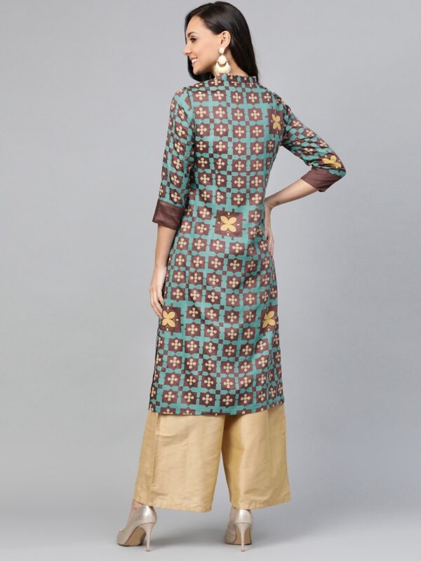 HERE&NOW Women Teal Blue & Brown Printed Straight Kurta