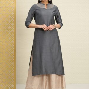 House of Pataudi Women Grey Solid A-Line Kurta