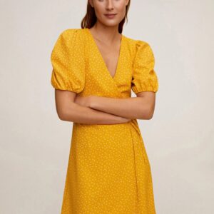 MANGO Women Mustard Yellow & White Printed Wrap Dress