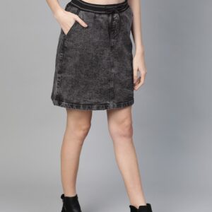 Roadster Women Charcoal Grey Washed Denim Straight Skirt