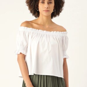 MANGO Women White Solid Boxy Bardot Top