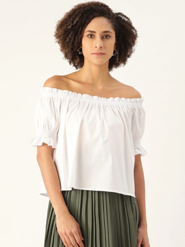 MANGO Women White Solid Boxy Bardot Top