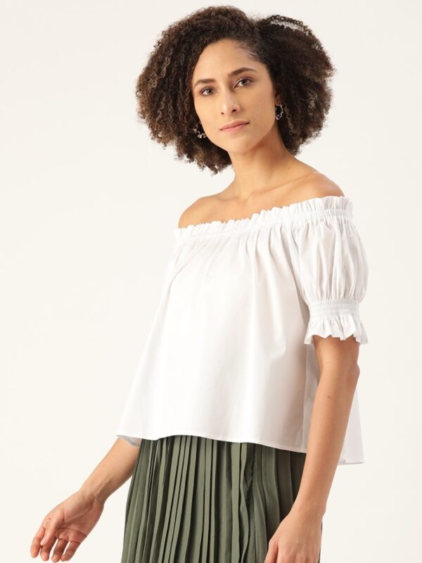 MANGO Women White Solid Boxy Bardot Top