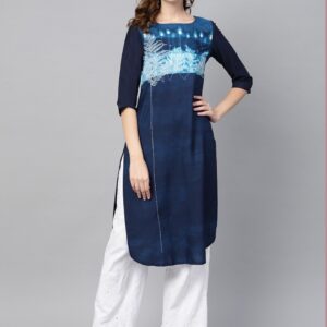 W Women Blue Yoke Design Straight Kurta