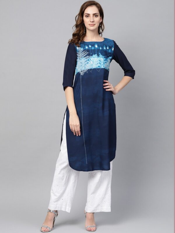 W Women Blue Yoke Design Straight Kurta