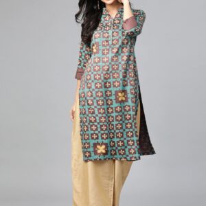 HERE&NOW Women Teal Blue & Brown Printed Straight Kurta