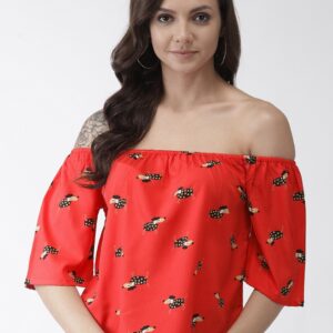 Rue Collection Women Red & Black Quirky Print Bardot Top