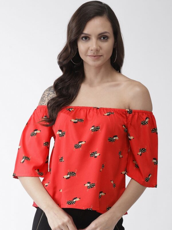 Rue Collection Women Red & Black Quirky Print Bardot Top