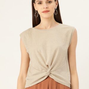 MANGO Women Beige Solid Twisted Hem Top