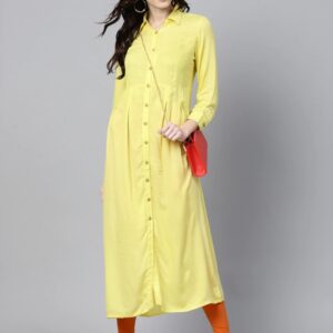 Jaipur Kurti Women Yellow Self-Design A-Line Kurta