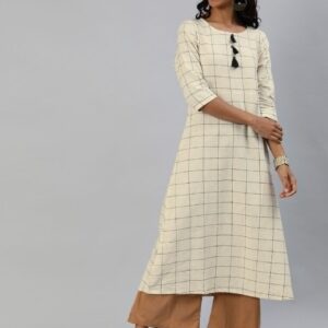 Anouk Women Off-White & Black Checked A-Line Kurta