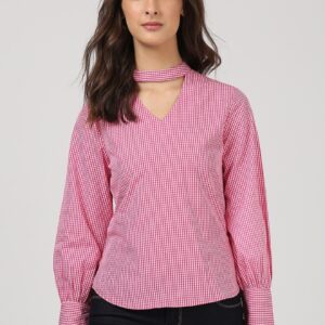 Harpa Women Pink Checked Pure Cotton Top