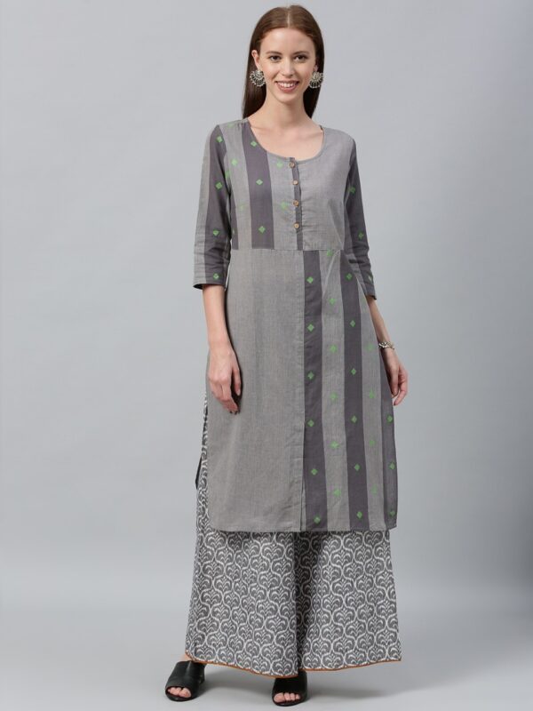 Anouk Women Grey Striped Straight Kurta with Thread Work