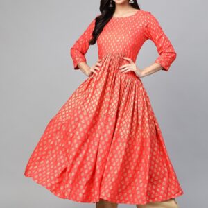 Sangria Women Orange & Golden Printed Anarkali Kurta